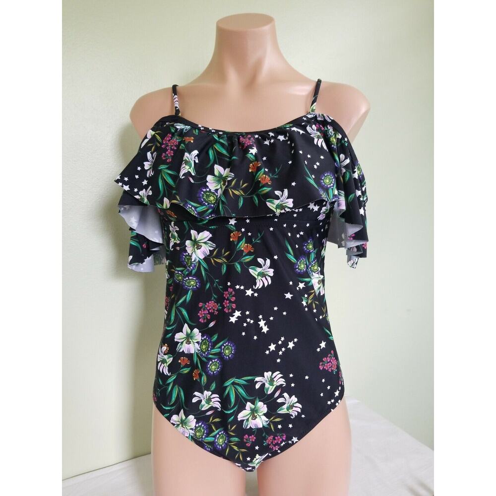 Raisins black Maui floral off the shoulder one piece swimsuit size S
